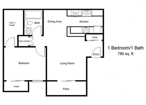 Floor plan for 1 bed, 1 bath, 780 sqft